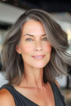 Layered Lob With Side Part Hairstyle on a smiling woman with medium-length salt and pepper hair. Grey Hair Transformation, Salt And Pepper Hair, Grey Hair Inspiration, Beautiful Gray Hair, Natural Gray Hair, Blending Gray Hair, Gray Hair Highlights, Long Gray Hair, Grey Hair Color