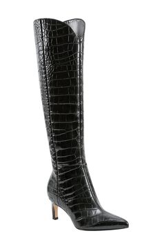 A glossy finish highlights the croc-embossed pattern of this scene-stealing over-the-knee boot. 2 1/4" heel 17" shaft; 14" calf circumference Inset side-zip closure Leather upper/textile and synthetic lining/synthetic sole Imported Crocs Baya, Casual Luxe, Pointy Heels, Embossed Pattern, Sneaker Dress Shoes, Knee Boot, Denim Shoes, Marc Fisher, On Repeat