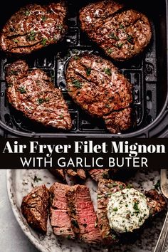 grilled steaks in an air fryer with garlic butter