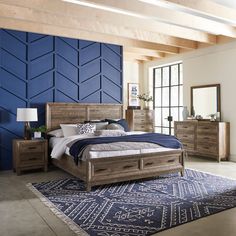 a bed room with a neatly made bed and blue walls