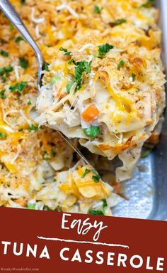 an easy tuna casserole is shown in a baking dish with a serving spoon