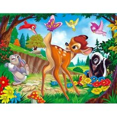 the deer and other animals are playing in the forest with flowers, butterflies and trees