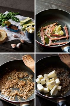 four different pictures show food being cooked in a skillet, and then cooking them