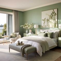 a bedroom with green walls and white bedding in the center, along with a large painting on the wall