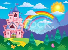 a fairy castle with a rainbow in the sky