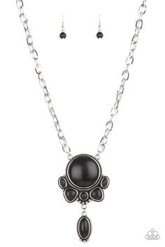 A large black stone encased in a studded silver frame swings dramatically from a heavy silver chain with oversized links. A collection of black stones wraps around the bottom of the large pendant, with an elongated oval stone swaying below them. Features an adjustable clasp closure. Sold as one individual necklace. Includes one pair of matching earrings. Get The Complete Look! Bracelet: "Eco-Friendly Fashionista - Black" (Sold Separately) Elongated Oval, Black Stones, Stone Wrapping, Paparazzi Accessories, Black Necklace, Oval Stone, Paparazzi Jewelry, Fashion Jewelry Necklaces, Black Stone