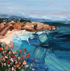 an oil painting of the ocean with flowers growing out of it and rocks in the background