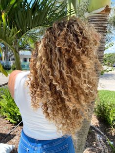 Blond Curly Highlights Natural Curls, Curly Brown With Blonde Highlights, Thick Blonde Highlights Curly Hair, Curly Hair Halo Extensions, Copper Blonde Balayage Curly Hair, Blond Dyed Curly Hair, Naturally Curly Hair With Blonde Highlights, Natural Curl Highlights, Curly Hair With Lots Of Highlights