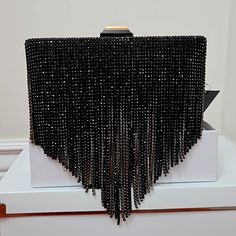 This Stunning Black Frinnged Jeweled Clutch Evening Purse Is A Must Have. It Is A No Nonsense Purse In Its Spectacular Neutral Matches About Every Evening Outfit For All Occasions. No Need To Be Consumed With Endless Purses A Yes When You're Running Late Or Not. Black Embellished Party Bag, Black Luxury Shoulder Bag For Events, Luxury Black Shoulder Bag For Events, Black Rectangular Evening Bag For Party, Embellished Black Clutch Bag, Black Embellished Clutch Bag, Luxury Black Embellished Clutch, Evening Bag With Rhinestone Fringe, Evening Bags With Rhinestone Fringe