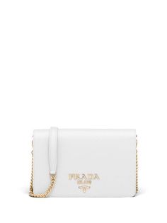 Shop Prada rectangular mini bag with Express Delivery - FARFETCH White Shoulder Bag With Metal Logo For Evening, White Evening Bag With Metal Logo, Luxury Gold Wallet On Chain With Branded Hardware, Luxury White Bags With Metal Logo, Elegant White Shoulder Bag With Metal Logo, Elegant White Bags With Metal Logo, Formal White Bags With Metal Logo, Classic White Shoulder Bag With Metal Logo, White Rectangular Bag With Metal Logo