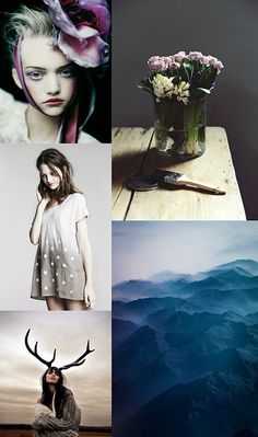 a collage of photos with flowers and mountains in the background, including an antler's head