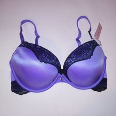 Victoria Secret Bra 32dd Push Up Purple Black Lace Trim Very Sexy Underwire New With Tags *Bundle To Save Chavonne11 073124 Purple Underwire Bra With Removable Pads, Purple Fitted Bra With Removable Pads, Fitted Purple Bra With Removable Pads, Elegant Purple Push-up Bra, Elegant Purple Bra With Lined Body, Elegant Partially Lined Purple Bra, Elegant Purple Lined Bra, Purple Stretch Bra With Medium Bust Support, Purple Underwire Bra Partially Lined