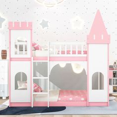 a child's bedroom with a pink and white castle bunk bed in the corner