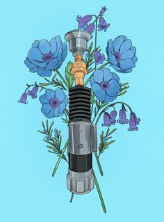 a drawing of a flower vase with blue flowers in it and a spark plug attached to the top