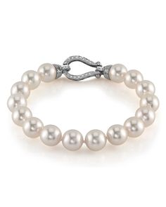 Hanadama, meaning 'Flower Pearl,' represents the highest quality available in Japanese Akoya Pearls, certified by the Japan Pearl Science Laboratory. Only approximately 2% of the annual Akoya cultured pearl harvest qualifies for the Hanadama Grade. This beautiful Akoya pearl bracelet ranges between 9.5-10mm in size and consists of all beautiful and extremely lustrous Hanadama pearls. All pearls in this necklace are perfectly round and are strung with silk thread and double-knotted between each p Luxury Pearl Bracelet With Diamond Accents, Classic Diamond Pearl Bracelet For Formal Occasions, Classic White Gold Diamond Pearl Bracelet, White Diamond Pearl Bracelet For Anniversary, Formal Round Diamond Pearl Bracelet, Luxury White Gold Pearl Jubilee Bracelet, White Pearl Diamond Bracelet For Anniversary, Luxury Akoya Pearl Bracelets For Wedding, Luxury White Pearl Bracelet With Diamonds