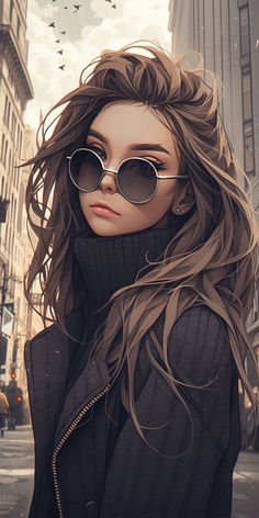 a woman with long hair and sunglasses on the street