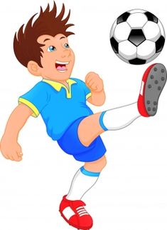 a cartoon boy kicking a soccer ball with his foot in the air and wearing red shoes