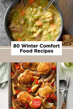 two pictures with the words winter comfort food recipes on them and an image of chicken in a pan