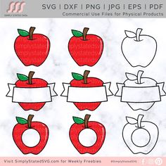 an apple cut out with ribbon around it and two red apples on each side,