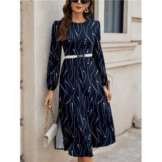 -Item Id 41548743 -Details: Zipper -Neckline: Round Neck -Sleeve Type: Bishop Sleeve -Style: Casual -Type: A Line -Waist Line: High Waist -Hem Shaped: Flared -Color: Navy Blue -Pattern Type: Colorblock, All Over Print -Sleeve Length: Long Sleeve -Fit Type: Regular Fit -Length: Long -Material: Woven Fabric -Composition: 95% Polyester, 5% Elastane -Care Instructions: Machine Wash, Do Not Dry Clean,Wash With The Soft Detergent -Sheer: No -Fabric: Slight Stretch **Open To Offers!!!** **Bundle To Sav Bishop Sleeve, Printed Sleeves, Blue Pattern, Sleeve Type, All Over Print, Sleeve Dress, Woven Fabric, Sleeve Styles, Color Blocking