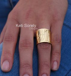 "Large tube ring with hand engraved monogram initials in Sterling Silver or solid gold: 10K, 14K or 18K. Personalize it with your initials and it will be custom made just for you. Design by: Keti Sorely. Metal options: - Brass with yellow gold overlay - Brass with Rose Gold overlay -Sterling Silver - Sterling Silver with 24K gold overlay - Sterling Silver with 14K Rose Gold Overlay - 10K Solid Gold (Yellow, White or Rose) - 14K Solid gold (Yellow, White or Rose) Ring width 0.8\" Ring size: 5 to Monogram Ring Gold, Monogrammed Cuff, Unique Gold Rings, Engraved Initials, Monogram Ring, Gold Signet Ring, Gold Monogram, Pompano Beach, Cuff Rings