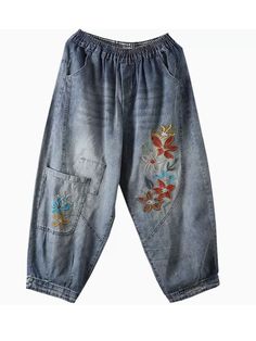 Material: 100% Cotton Style: Retro, Casual Waist: Elastic Waist Pattern: Flower Length: Full Length Details: Pockets Season: Spring, Summer Embroidered Denim Blue Casual Bottoms, Casual Embroidered Denim Blue Bottoms, Summer Embroidered Wide Leg Jeans, Embroidered Wide Leg Denim Bottoms, High Waist Embroidered Denim Blue Bottoms, Embroidered Wide-leg Denim Bottoms, Embroidered Denim Wide-leg Bottoms, Embroidered Wide Leg Denim Blue Pants, Blue Embroidered Wide Leg Jeans