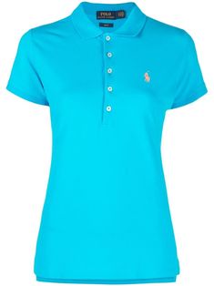 Blue stretch cotton Julie logo-embroidered polo shirt from POLO RALPH LAUREN featuring polo collar, front button placket, embroidered logo and short sleeves. | Polo Ralph Lauren Julie logo-embroidered polo shirt Blue Collared Polo Shirt With Button Closure, Classic Fitted Blue Polo Shirt, Embroidered Polo Shirts, Polo Pony, Camisa Polo, Polo Collar, Logo Embroidered, Stretch Cotton, Polo Ralph