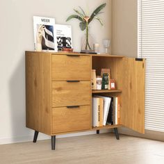 a wooden cabinet with two drawers and books on the bottom shelf next to a potted plant