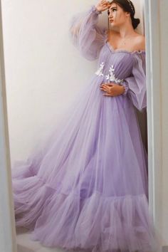 Purple Tulle Lace Long Prom Dresses, A-Line Evening Dresses Long Sleeve Tulle Evening Dress, Vestido Color Lila, Tulle Dress Long, Violet Pastel, Tulle Evening Dress, Tulle Sleeves