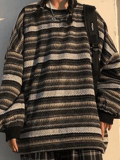 Striped Pullover Knit Sweater - AnotherChill Grandma Sweater, Winter Knit Sweater, Pullover Mode, Pull Oversize, Winter Mode, Retro Mode, Mens Fashion Fall, Oversized Pullover, Round Neck Sweaters