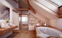 a bathroom with a large bathtub and wooden flooring next to an open window