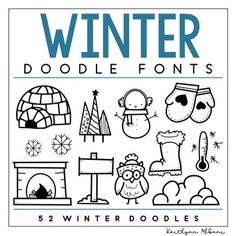 the winter doodle font is shown in black and white with an image of animals, snow