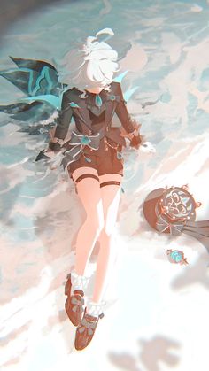 an anime character is walking in the water with her shoes on and one leg up