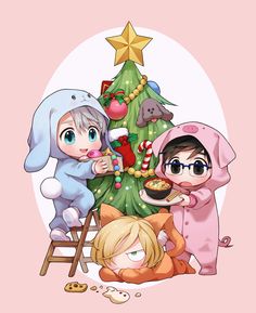 some anime characters are decorating a christmas tree with cookies and marshmallows