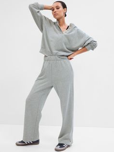 Fleece Wide-Leg Pants | Gap Factory Fall Straight Leg Sweats With Ribbed Waistband, Elevated Casual Full-length Sweatpants With Elastic Waistband, Full Length Sweatpants For Elevated Casual Look, Elevated Casual Sweatpants With Ribbed Waistband, Fall Sweatpants For Elevated Casual Wear, Relaxed Straight Leg Bottoms With Ribbed Waistband, Elevated Casual Stretch Sweatpants With Pockets, Stretch Sweatpants With Pockets For Elevated Casual, Straight Hem Athleisure Bottoms For Fall