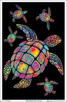 three turtles swimming in the ocean with colorful colors on their back and one turtle looking up at