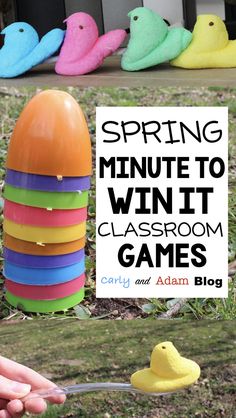 an egg and some colorful plastic toys in front of a sign that says spring minute to win it classroom games