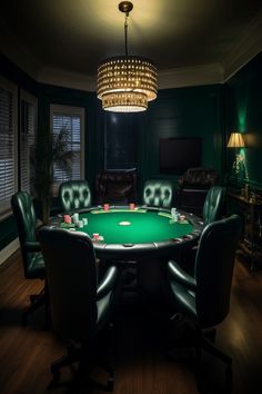 Luxurious poker-themed game room with green table, leather chairs, and ornate chandelier. Home Poker Table, Poker Set Up, Home Casino Room, Small Poker Room Ideas, Man Cave Poker Room Ideas, Gambling Room, Poker Lounge, Speakeasy Poker Room, Home Poker Room