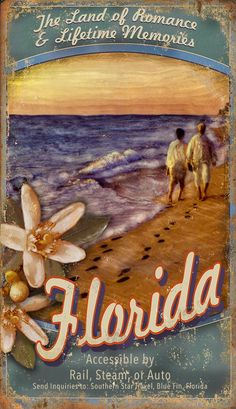 a sign that says florida with flowers on the beach and two people walking in the water