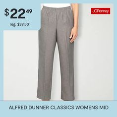 Alfred Dunner is known for their modern tailoring and style, and this pair of women's pants stay true to the brand's heritage. Made from a soft woven fabric in a relaxed-fit with straight legs, they have a comfortable elastic-waistband, a pleated front, and side pockets. Wear with a button-down or t-shirt and flat shoes.Front Style: Pleated FrontClosure Type: Elastic, Full ElasticFit: Relaxed FitPockets: 2 Side Slip PocketsRise: Mid RiseFiber Content: 100% PolyesterFabric Description: WovenInse… Classic Bottoms For Daywear, Classic Long Pants For Daywear, Tailored Classic Daywear Bottoms, Classic Tailored Bottoms For Daywear, Classic Fitted Bottoms For Daywear, Classic Daywear Bottoms With Pockets, Classic Flat Front Bottoms, Classic Relaxed Fit Bottoms For Daywear, Classic Pull-on Pants For Fall