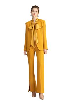 Embrace your bold, adventurous side with our Yellow Blazer Blouse and Pant Suit Set. Made from luxurious silk, this set will elevate any outfit. So take a risk and make a statement with this must-have ensemble. Buy now and stand out from the crowd! Elegant Three Piece Yellow Blazer Blouse and Pant Suit Set Peak lapels; front button blazer V-neck, Long sleeves; button cuffs. Structured shoulders. Chest welt pockets. Hip flap pockets Polyester 80% Viscose 17% Spandex 3% Imported Brand - Aision Mod Fall Silk Sets For Workwear, Silk Sets For Workwear In Fall, Pant Suit Set, Blazer Blouse, Take A Risk, Yellow Blazer, Pant Suit, Business Suit, Suit Set