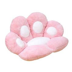 a pink and white stuffed animal chair with paws on it's back, sitting in front of a white background