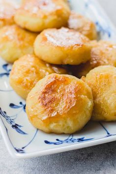 small pastries on a blue and white plate