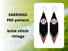 the earrings are designed to look like baseballs and bats on grass, with text reading earrings pdf pattern brick stitch fringe