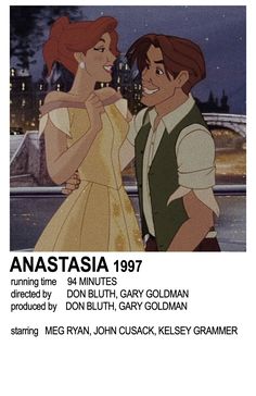 an advertisement for the animated film, anastasia 1971 with two people in dress