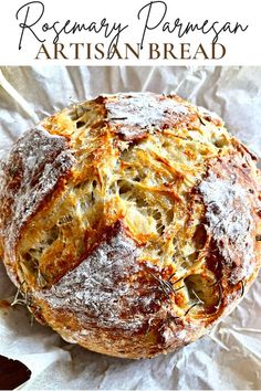 an artisan bread with rosemary on top and text overlay that reads rosemary parmesan artisan bread