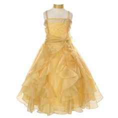 1101_gold_2.jpg?0 Long Ruffled Skirt, Cascading Dress, Yellow Flower Girl Dresses, Pagent Dresses, Girls Ruffle Dress, Long Cocktail Dress, Girls Couture, Maxi Dress Prom, Pageant Dress