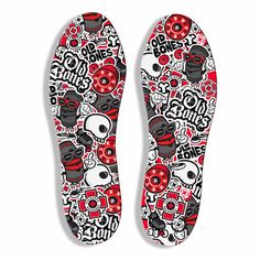 PRICES MAY VARY. Unique Design: Featuring an eye-catching pattern of skulls, bones, and edgy graphics in black, white, and red hues. Comfortable Cushioning: These insoles provide all-day comfort and support for your feet. Durable Construction: Made with high-quality materials for long-lasting wear. Versatile Fit: Available in 5 sizes which can be trimmed for a perfect fit. Easy to Use: Simply trim the insoles to fit your shoes and enjoy enhanced cushioning. Old Bones "All Day" Insoles are the ul Red Short Sleeve Top With Skull Print, Red Skull Print Short Sleeve Top, Skull Flip Flops, Skull Patches, Skull Socks, Red Color Schemes, On Clouds, Skull And Crossbones, White And Red