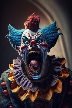 an evil clown with his mouth open and tongue out