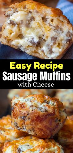 sausage muffins with cheese are stacked on top of each other and the title says easy recipe sausage muffins with cheese